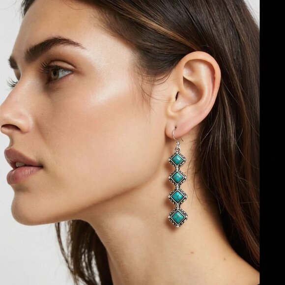 Western Style Silver Tone Chandelier Pierced Earrings Faux Turquoise 2.5" - Picture 2 of 5